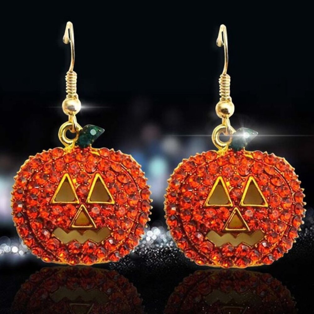 Pumpkin JackoLantern Rhinestone Halloween Earrings